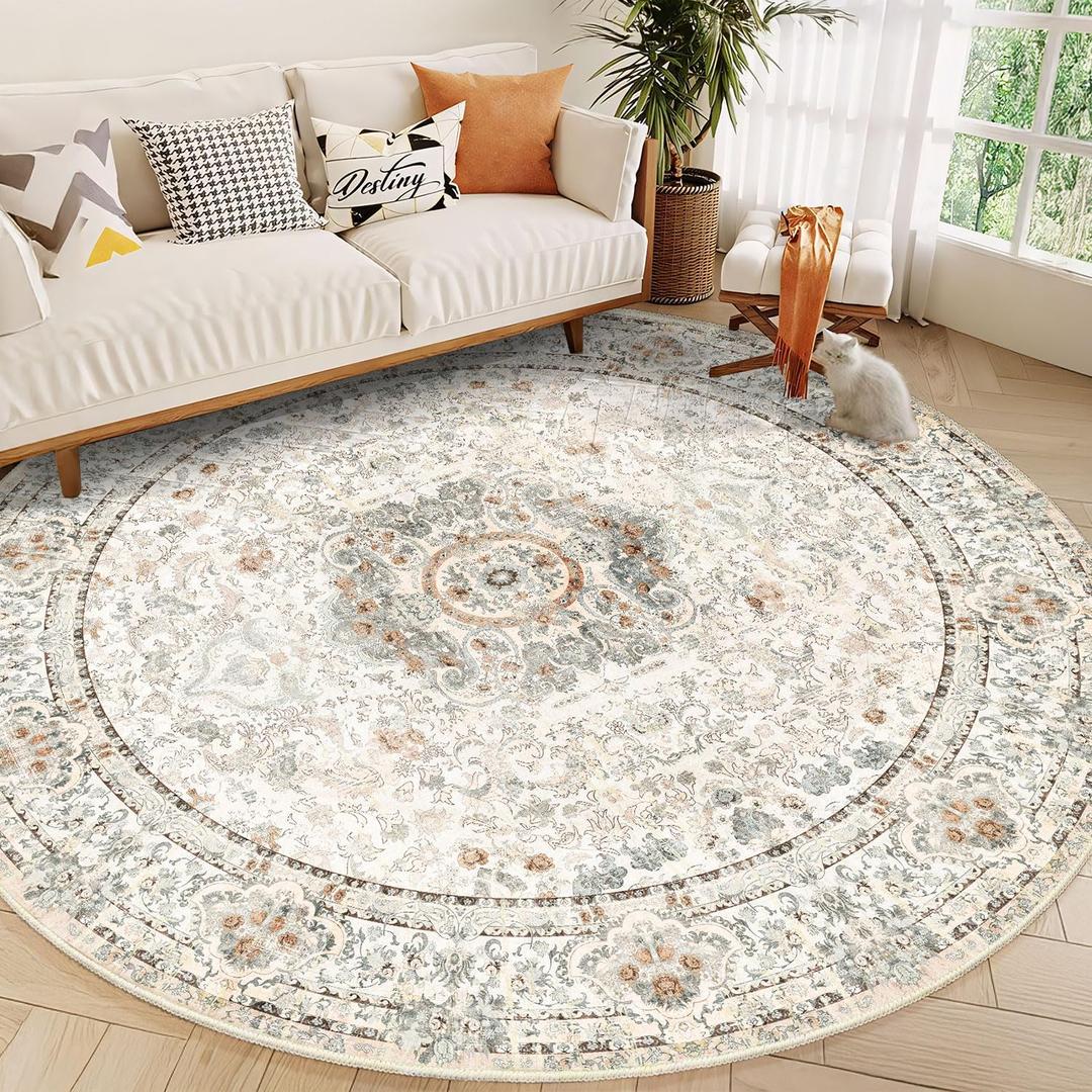 Round Rug 9ft,Large Boho Circle Area Rugs for Bedroom Living Room,Beige Washable Vintage Bohemian Distressed Oriental Floral Carpet Non Slip