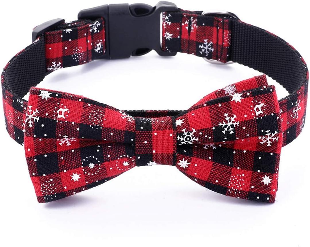 Malier Christmas Dog Collar and Bow tie with Classic Snowflake Pattern, Adorable Collar with Light Release Buckle Pet Accessories for Puppy Dogs Cats Pets (X-Small)