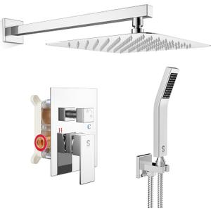 SR SUN RISE SRSH-D1203 12 Inches Bathroom Luxury Rain Mixer Shower Combo Set Wall Mounted Rainfall Shower Head System Polished Chrome Shower Faucet Rough-in Valve Body and Trim Included (12 Inch, Polished Chrome)