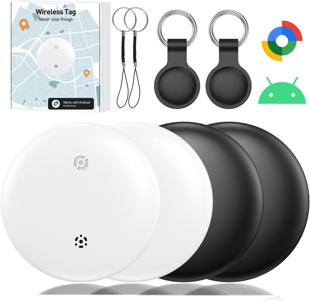 Bluetooth Smart Tags for Android, Air Tracker Tags-4 Pack Android, Keys Finder, Item Locator Works with Google's Find My Device App(Android only), Android Tag for Keys, Luggages, Bag, Wallet (White & Black)