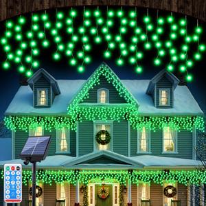 Retisee 65ft Green St. Patrick's Day Solar Icicle Lights for Outdoor Decor 600 LED Waterproof Irish Curtain String Lights Solar Powered Icicle String Light for Outside Indoor Yard Porch Hanging Decor