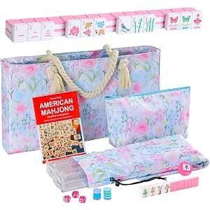 2026 American Mahjong Set Complete with Blue Carrying Bag, 160 Pink Cute Mahjong Tiles, 4 All-in-One Transparent Mahjong Racks with Pushers, Majiang Tile Set