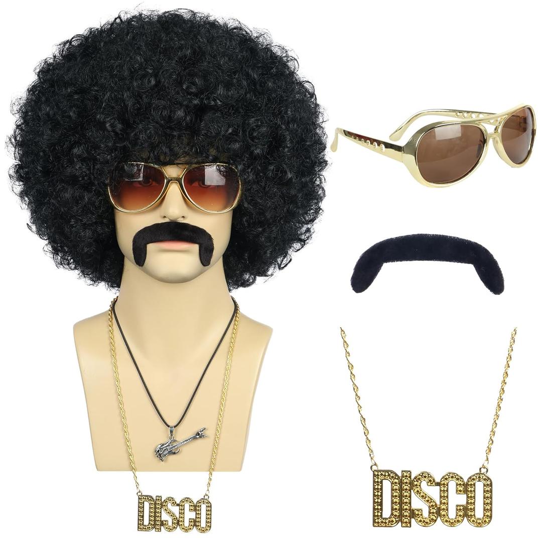 VGbeaty Men Short Wave Black Wig with Glasses and Mustache and Gold Necklace Afro 70s 80s Disco Wig Heat Resistant Synthetic Fiber Soft Durable Breathable Cap for Halloween Costume Party