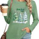 Christmas Long-sleeve T-shirt for Women Merry Christmas Pine Tree Lights Snow Xmas Pullover Holiday Top (Small, Green)