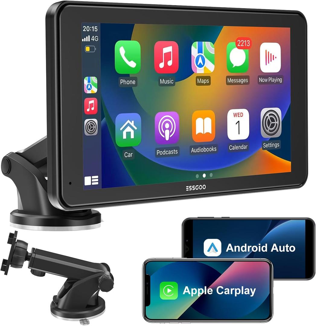 A-pple Carplay & Android Auto,with 7-Inch Carplay Screen for Car,Features Light-Sensitive Functionality, Supports Bluetooth Hands-Free System, Siri/Google Assistant and Two USB Charging Ports