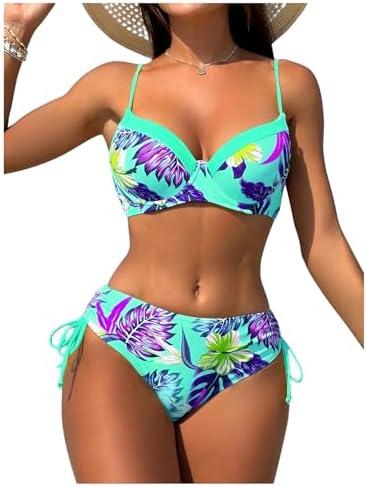 WDIRARA Women's 2 Piece Floral Print Tie Side Swimwear Summer High Waist Bikini Set Multicolor Green Small, S