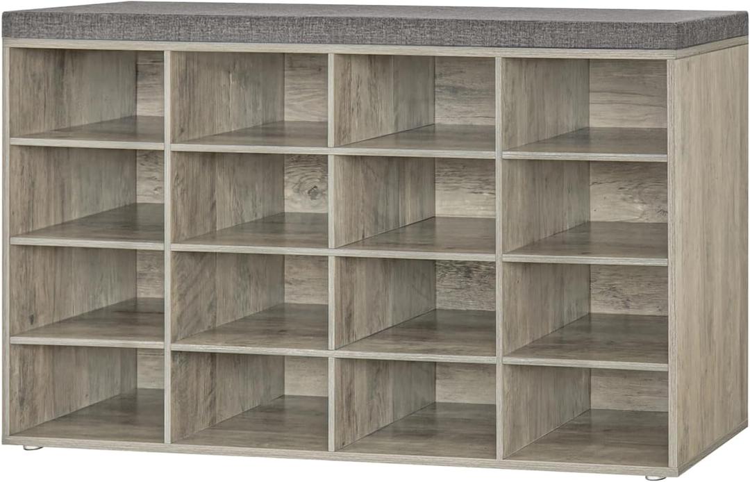 Shoe Storage Bench with Cushion, 16-Cubby Shoe Rack with Seat