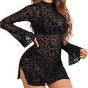 Avidlove Mesh Mini Dresses for Women Bell Sleeves Bodycon Turtle Neck Split Lingerie Dress Vacation Party Outfits Clubwear (Small, Black Leopard)