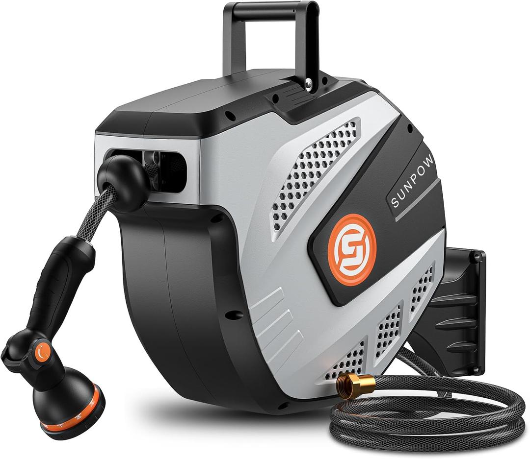SUNPOW Retractable Garden Hose Reel - 1/2 inch x 50ft Wall Mounted Hose Reel with 3/4 inch Brass Fitting & 10 Function Sprayer Nozzle - Any Length Lock, Auto Rewind System, 180 Swivel Bracket - Grey