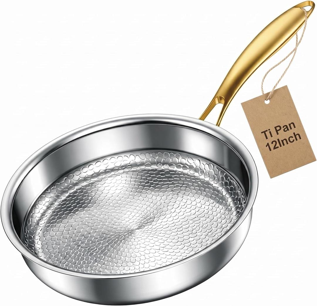 12 Inch Titanium Pans for Cooking, Pure Titanium Frying pan Hammered Design, Non-Toxic Titanium Pro Pan PFAS/PFOA/PTFE Free, Compatible for Oven, Dishwasher & All Cooktops, Fast & Even Heat
