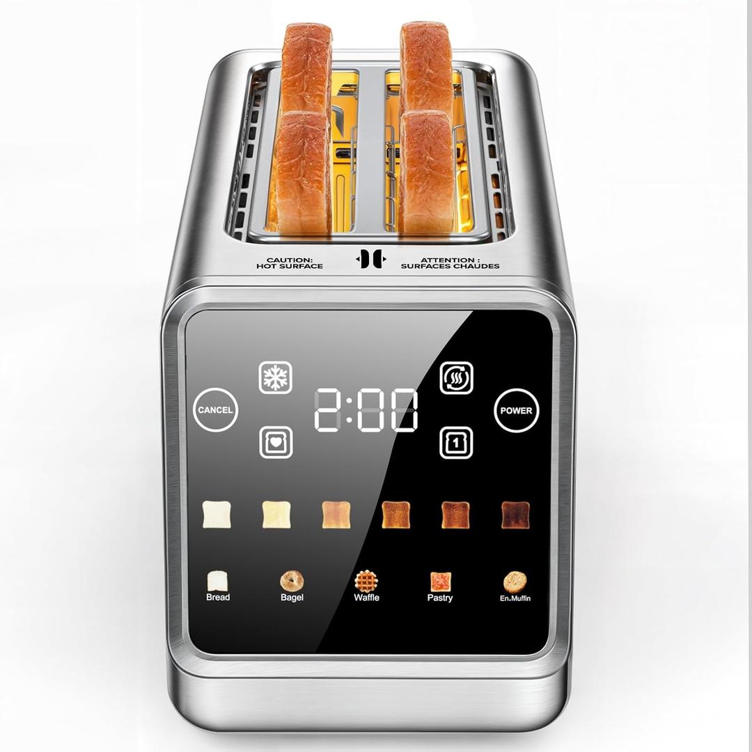 Toaster 4 Slice Long Slot for Bagels & Artisan Bread, Digital Smart Touch Screen with Memory Function & Single-Slice Modes, 6 Toast Settings & 5 Bread Types, Defrost & Reheat, Stainless Steel