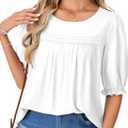 LYANER Women's Round Neck Puff Short Sleeve Ruched Lace Loose Fit Casual Tunic Shirts (White, M)