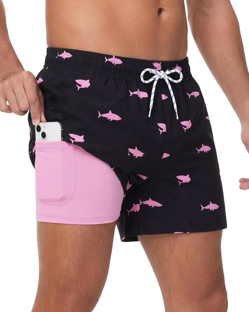 Sixfish Mens Swim Trunks with 4 Inch Compression Liner 2 in 1 Quick Dry Board Shorts with Zipper Pockets Comfort for Beach (Black, XL)