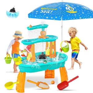 Handwell Toddler Water Table, Auto Water-Absorbing 3-Tier Kids Water and Sand Activity Table with Umbrella & 20PCS Water Toy Accessories, Outdoor Water Play Toys Sensory Playset Summer Gift for Age 3+