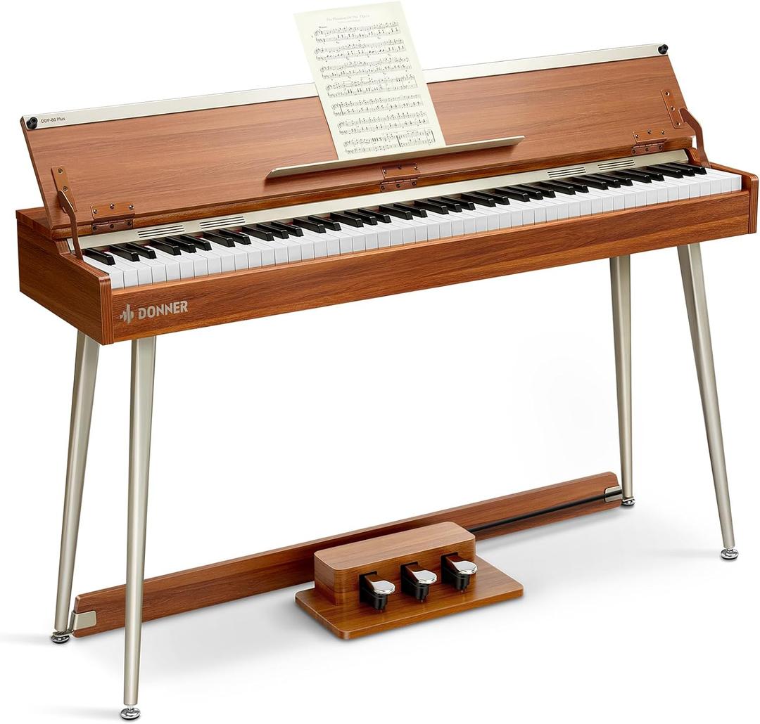 Donner DDP-80 PLUS Digital Piano 88 Key Weighted Keyboard, Home Electric Piano, Supports USB-MIDI & Headphones Connection, Semi-open Cover Designed, with Metal Three Pedal, Power Adapter (Full, Wood Color)