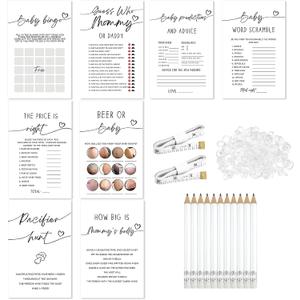Honoson 279 Pcs Simple White Baby Shower Games Set for 50 Guest, 8 Games Include Baby Shower, Guess Mommy or Daddy, Word Scramble, How Big is Mommys Belly, Pacifier Hunt, Fun and Easy to Play