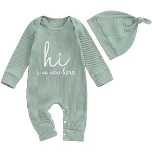 MERSARIPHY Newborn Baby Boy Girl Clothes Hi I'm New Here Coming Home From Hospital Outfits Gender Neutral One Piece Romper (0-3 Months, Green)
