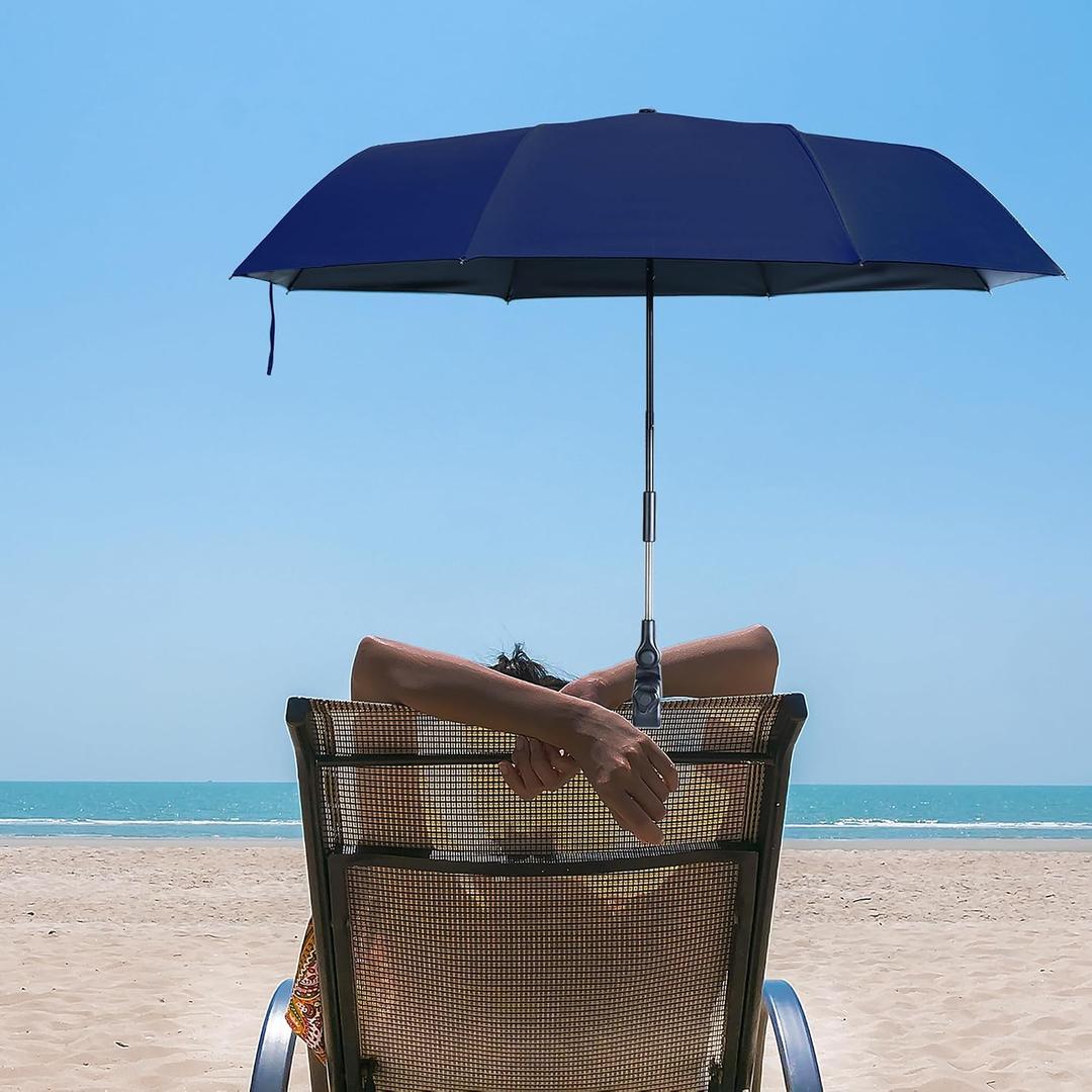 Beach Chair Umbrella with Clamp, Portable Clip on Umbrella for Outdoor Chairs, Adjustable UPF50+ Sun Shade Umbrellas for Beach Patio Travel Camping Wheelchair Golf Cart, Small 40inch with Storage Bag