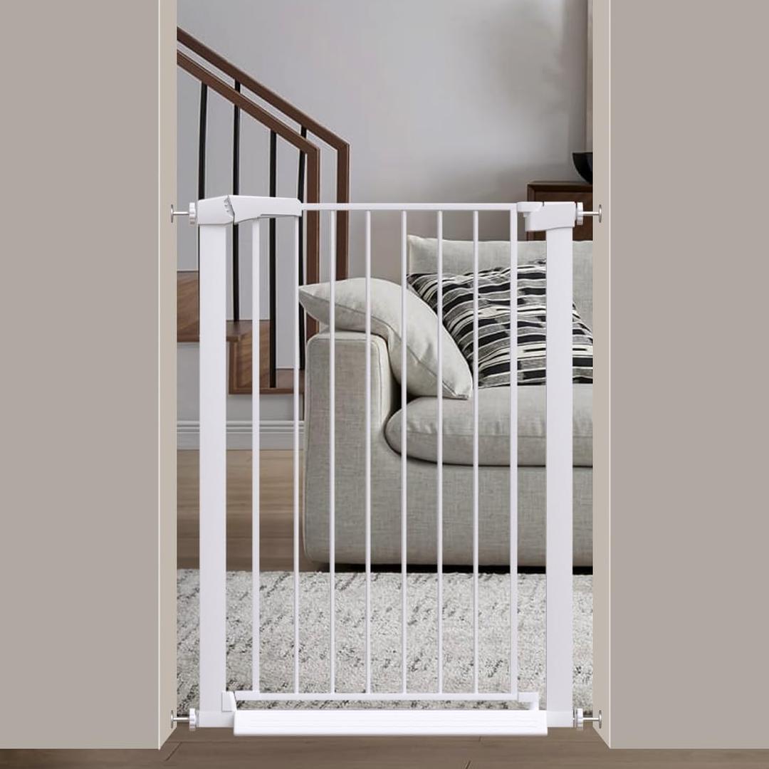 Fairy Baby 38" Extra Tall Baby Gate for Stairs, Fits 29.5" to 32.2" Wide Openings, Metal Auto Close Dog Gate Indoor for The House Doorways, Pressure Mounted Pet Cat Gate for Toddler Kids, White