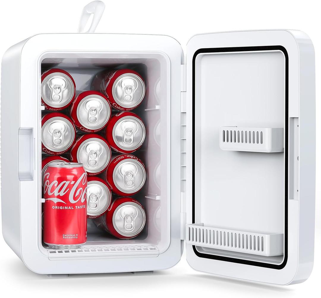 Compact Mini Fridge, 15 Can Portable Small Refrigerator with AC/DC Adapters, 10 Liter / 2.6 Gal Small Cosmetics Cooler for Beverage, Food, Skincare, Bedroom, Dorm, Office and Car, White