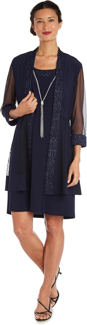 R&M Richards Women's Elegant 2-Piece Shift Dress with Pleated Shimmer Duster Jacket for Mother of the Bride, Cocktail Attire (Blue, 16W)