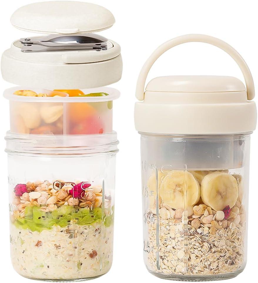 2 Pack Overnight Oats Containers with Lids and Handles, Folding Spoons & Divided Compartments for Fruit & Nuts, 16oz Mason Jars for Oatmeal Yogurt Container Chia Pudding Jars with lids (Cream 2pcs)