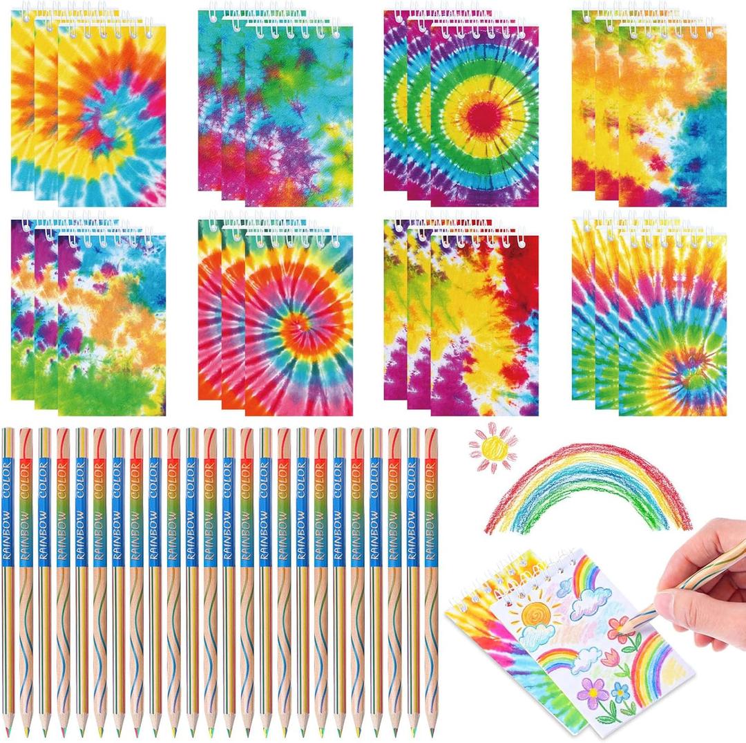 Pajean 48 Pcs Mini Tie Dye Notepads Multicolor 4-in-1 Rainbow Pencils (pre-sharpened) Spiral Pocket Notebooks Fun Colored Pencil Back to School Gifts Classroom Rewards Birthday Party Favors