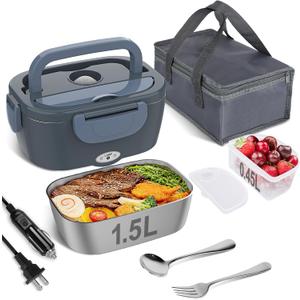 Vabaso Electric Lunch Box Food Heater, Electric Heating Lunch Boxes Lunch for Adults/Men/Car/Truck/Work, 1.5L Removable 304 Stainless Steel Container, 80W, 110V/12V/24V, with Fork & Spoon (Blue Gray)