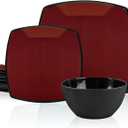 Square Melamine Dinnerware Sets 12 Piece Service for 4 Deep Red Plates and Bowls Sets for Indoor/Outdoor Grill, Holiday Party, Camping