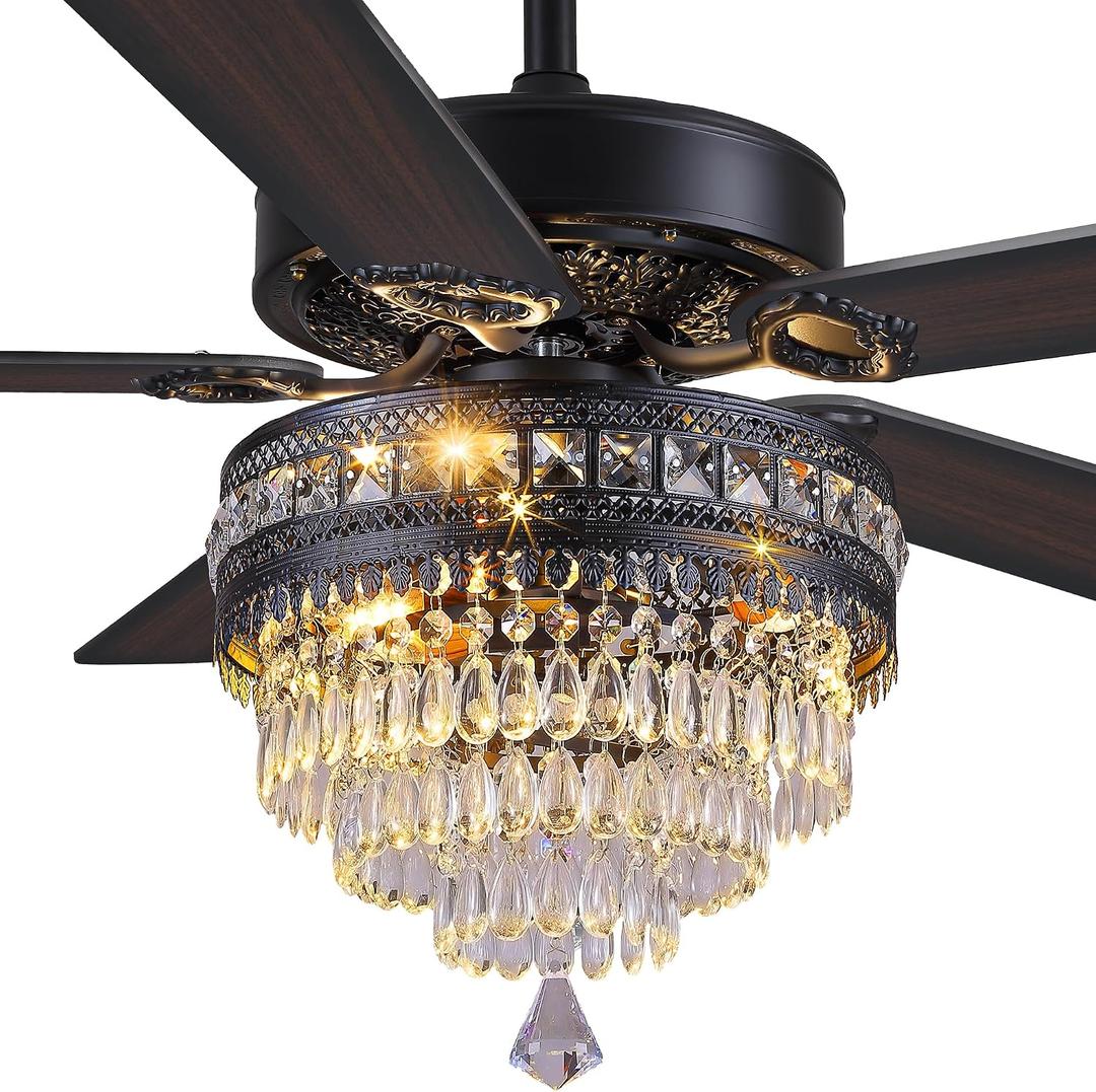 Crystal Ceiling Fan Fandelier with Lights- Retro Outdoor Fans (52" Black), 52in