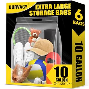 BURVAGY 6Pack Extra Large Plastic Storage Bags 10 Gallons 24"x20"x7" Zero BPA Double Zipper Seal 4 Mils Thick Double Layer Carry Handle Resealable Moving Seasonal Travel Clothes