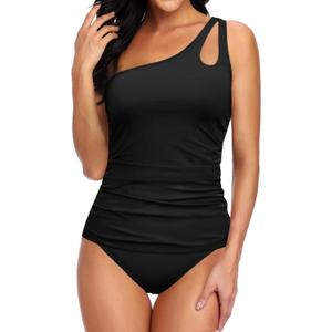 Two Piece Tankini Bathing Suit One Shoulder Swimsuit for Women Tummy Control Swimwear (Large, Black)