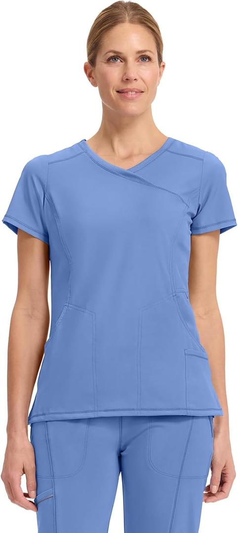 Cherokee Infinity Womens Mock Wrap Scrub Top, 4 Pockets, Rib-Knit Panel, Moisture-Wicking 360 Stretch - 2625A (Medium, Blue)