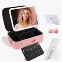 Large Travel Makeup Bag with LED Mirror, 3-Color Stepless Dimming Stand Mirror Detachable, with Adjustable Divider, Makeup Brush Holder Storage (Pink)