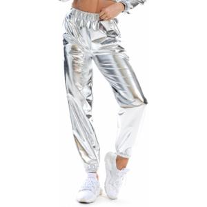 NewL Women's Metallic Shiny Jogger Casual Holographic Color Streetwear Pants Hip Hop Fashion Smooth Elastic Trousers (Gray, XL)