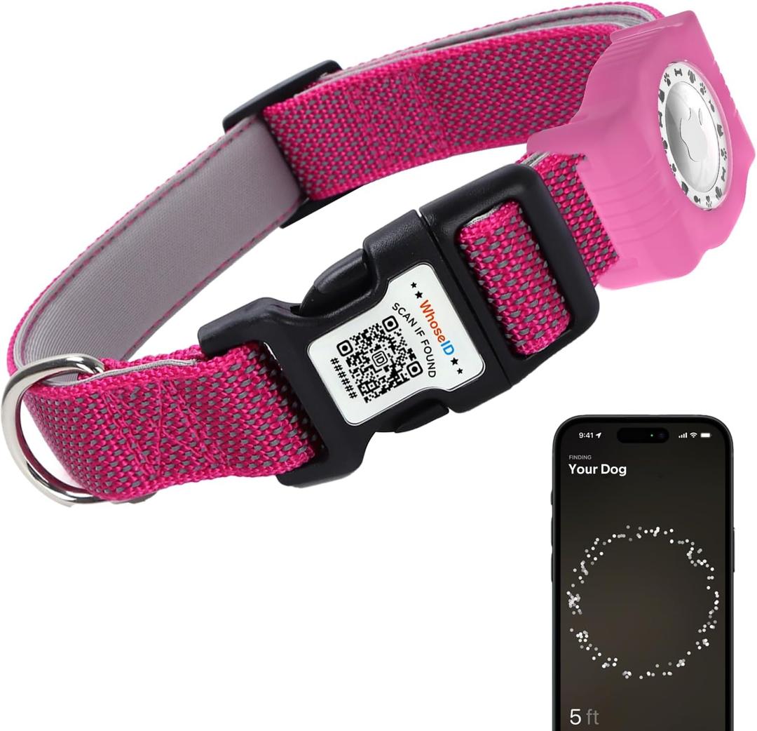 WhoseID Reflective Dog Collar with AirTag Holder,Adjustable Dog Collar with Neoprene Padded & Anti-Lost QR Code Buckle (Rose, Large)