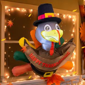 Dazzle Bright 3.5 FT Thanksgiving Inflatable Decorations Outdoor, Turkey Broke Out from Window with Build-in LED, Blow Up Inflatable Decoration for Thanksgiving Party Yard Garden Lawn Decor