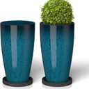ZMTECH 21 Inch Tall Plant Pots for Indoor & Outdoor Use Set of 2, Large Plastic Planters with Removable Tray for Outside with Drainage Holes for Front Porch Patio Garden, Gradient Dark Teal (21 Inch, Round, Blue)