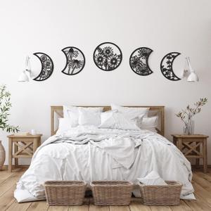 Jetec 5 Pcs Moon Phase Wall Hanging Decor Art Above Bed 10.6" H Boho Moon Phase Wood Wall Pediment Ornament for Living Room Bedroom Home Decoration Room Apartment Bar(Black)