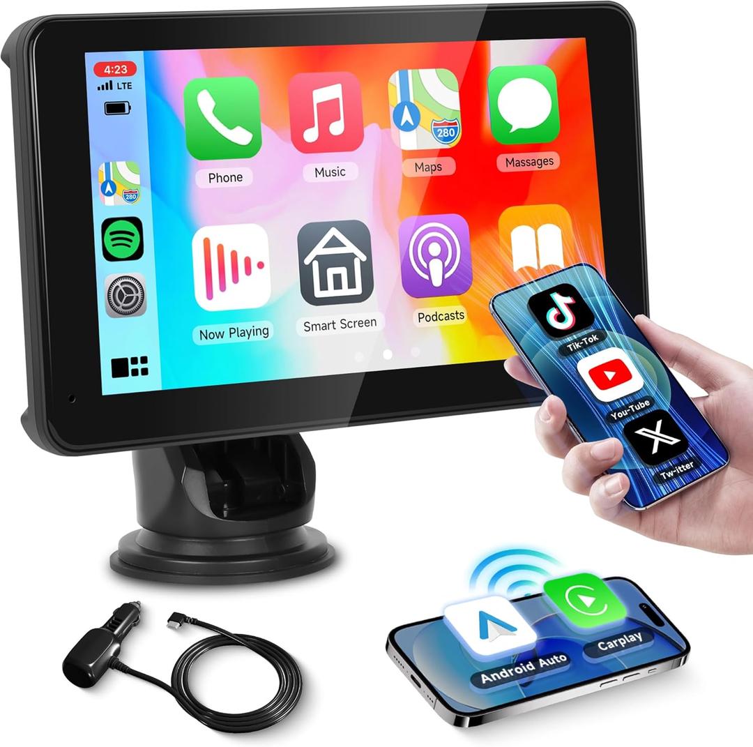 Portable Car Stereo Wireless Carplay Screen Android Auto Screen, Rimoody 7 Inch Touch Screen Portable Carplay Screen with Bluetooth FM Transmitter Mirror Link Voice control AUX Cable