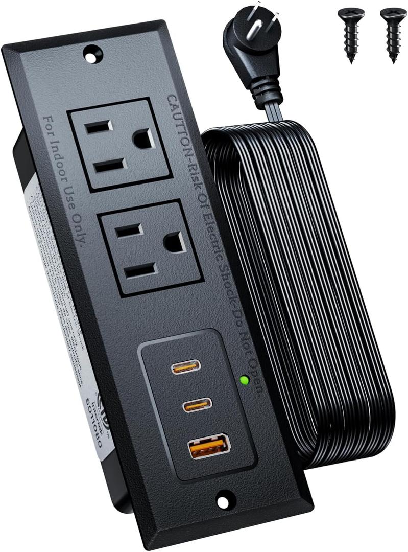 Recessed Power Strip with 20W USB C Port, Fast Charging USB A Port Conference Recessed Outlet, Space-Saver for Furniture Side Table, End Table, Desk Outlet with 6ft Cord, 45 Thin Flat Plug, Black