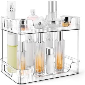 2-Tier Bathroom Counter Organizer Countertop Storage, Dresser Organizer Vanity Tray for Makeup, Perfume Organizer Cosmetics Skincare Shelf- Clear (Non-plated handle)