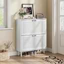 Shoe Storage Cabinet with Handmade Rattan Drawers, Freestanding Shoe Organizer Cabinet with Solid Wood Legs, Narrow Shoe Cabinet Storage for Entryway, Rustic Slim Shoe Rack Cabinet (White)