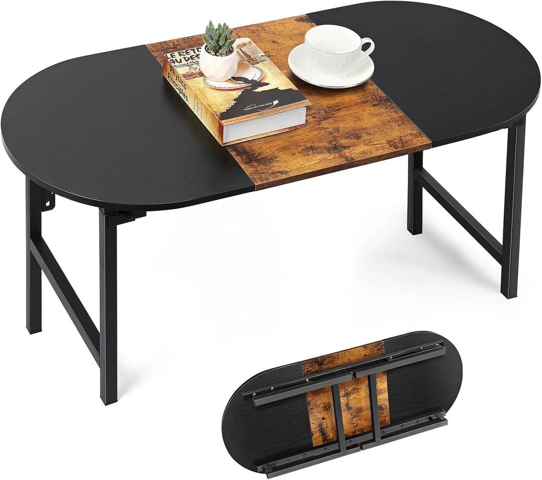 CADUKE Folding Coffee Table for Small Spaces, Portable Low Table with Leg Latches Wood Oval Center Table Small Coffee Tables for for Living Room, Home and Camping, Industrial Black & Brown