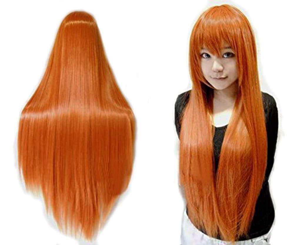 ANOGOL Hair Cap+32 in/ 80 cm Long Straight Orange Wig with Bangs Synthetic Hair Peluca Naranja Cosplay Wigs for Anime Cosplay Wig Long Ginger Wigs with Bangs for Halloween Women Ginger Costume Wigs