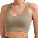 Promover Padded Sports Bras for Women Y-Back Racerback Seamless Medium Supportive Ribbed Yoga Cami Bra (Beige, L)