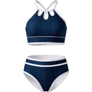 Bathing Suits for Teens Piece Adjustable Shoulder Strap Color Block Deep Blue Girls Swimsuits Size 13-14 (Blue)