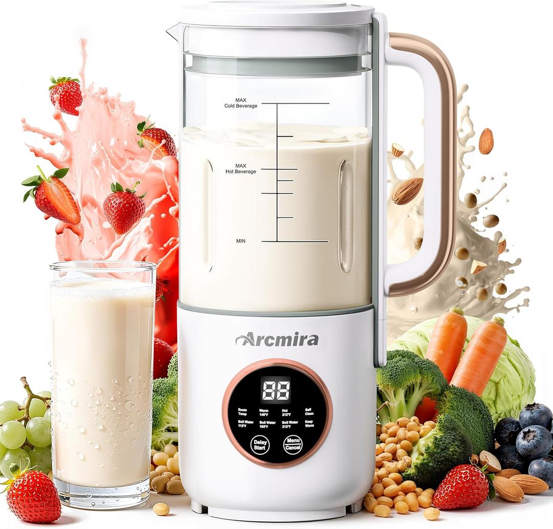 Arcmira Automatic Nut Milk Maker, 35 OZ Homemade Almond, Oat, Soy, Plant-Based Milk and Non-Dairy Beverages, Almond Milk Maker with Delay Start/Keep Warm/Boil Water, Soy Milk Maker (White/Glass)