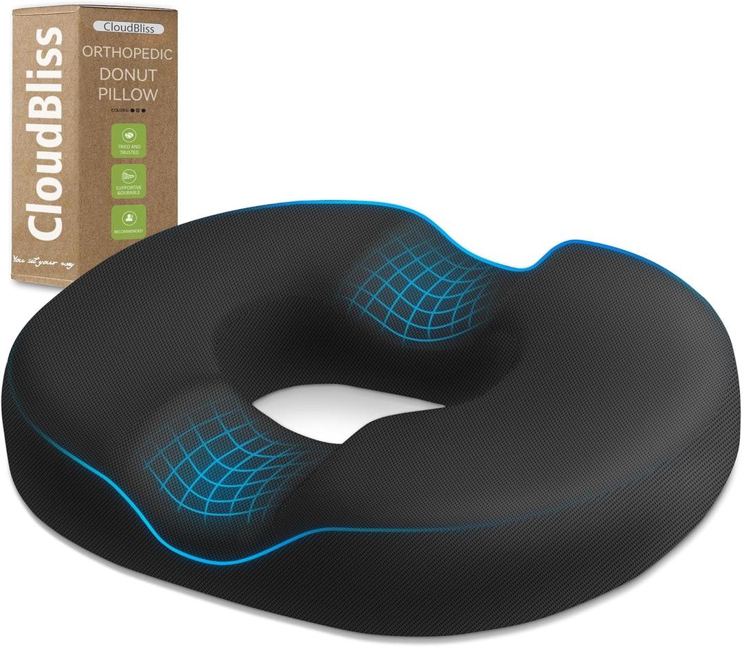 Donut Pillow Seat Cushion Chair Pad for Tailbone Pain Relief and Hemorrhoids, Memory Foam Seat Chair Cushion for Postpartum Pregnancy, Seat Cushions for Men and Women for Home & Office, (Black) (Large)