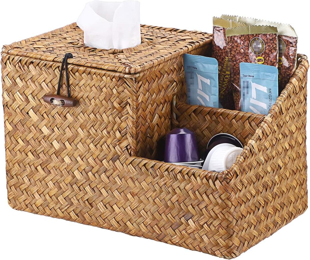 Sumnacon Square Woven Tissue Box Cover - Decorative Cube Tissue Box Holder with Side Organizer, Rustic Seagrass Tissue Box for Living Room Vanity Night Stand Table Countertop Office,Caramel